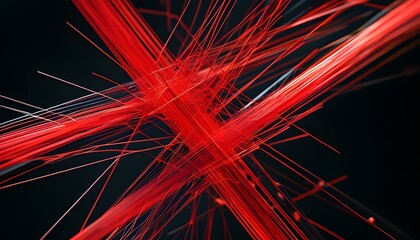 Wall Mural - Vibrant Cyber Geometric Abstraction with Intersecting Red Metallic Lines on a Bold Black Background