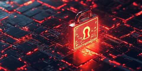 Poster - a silver padlock glows red on a black circuit board, symbolizing digital security.