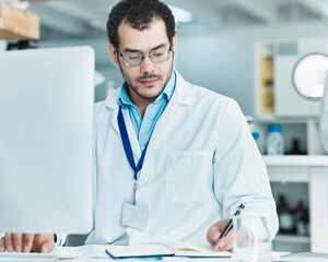 Aufkleber - Laboratory, computer and man with notes for research, check information and science investigation. Healthcare, notebook and male scientist with digital for medical report, diagnosis tips or treatment