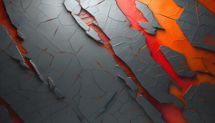 Canvas Print - abstract metal texture with cracks and lines on a gray background in dark grey, red, and orange tones