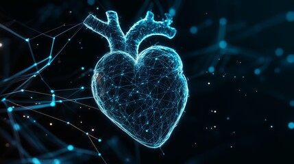 Poster - digital representation of a heart with interconnected lines and nodes illuminated against a dark bac