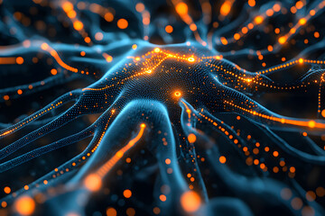 Wall Mural - A close up view of neural network model, showcasing intricate connections and glowing nodes. vibrant orange and blue colors create dynamic and engaging visual representation of technology and innovati