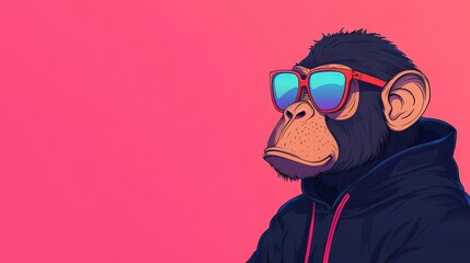 A bored monkey in a flat style wears a hoodie and neon sunglasses, exuding a quirky, modern vibe.