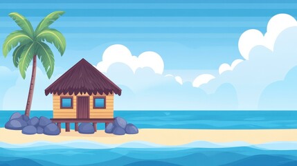 Poster - A serene beachside cottage, surrounded by lush palms and rocky shores, captures the essence of island relaxation.