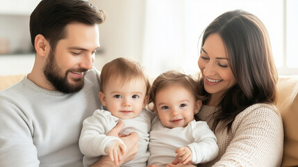 Happy family sitting together on a cozy couch, parents holding their two young children, warm living room setting with natural light, joyful family bond, copy space