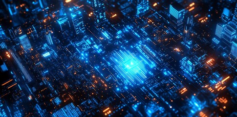Poster - abstract blue and orange glowing circuit board with lights.