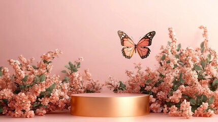 Poster - Butterfly podium background pink 3D flower pedestal rose stage cosmetic wedding platform. Background podium gold butterfly arch floral beauty spring presentation shop paper day product mockup showcase