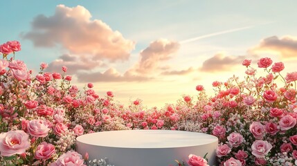 Wall Mural - Natural beauty podium backdrop with spring rose flower field scene. 3d rendering