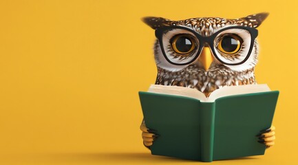 Owl With Glasses reading a book, ntellectual owl with glasses perched on an open book against a bright yellow background.