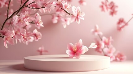 Wall Mural - 3D rendering platform podium with pink flower background for product presentation. 