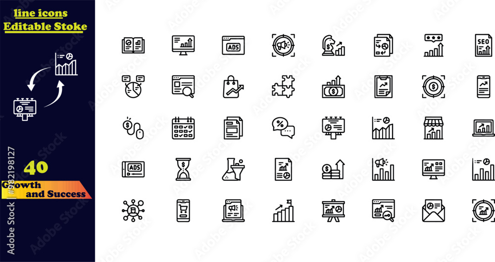 Editable stroke icon set for growth and success, featuring modern thin ...