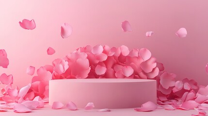 Wall Mural - Pink podium with rose pink petals on pink background