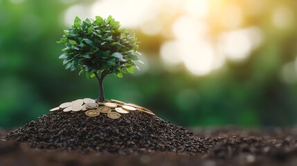 A small tree grows from a mound of soil with scattered coins, symbolizing growth, prosperity, and financial investment against a blurred green background.