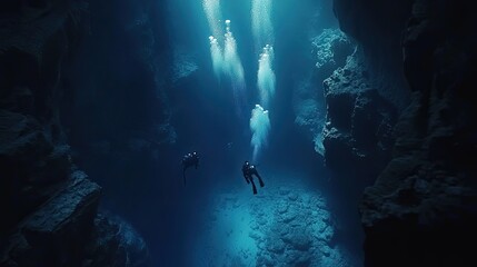 Canvas Print - Two Scuba Divers Exploring a Deep Underwater Cave with Light Beams