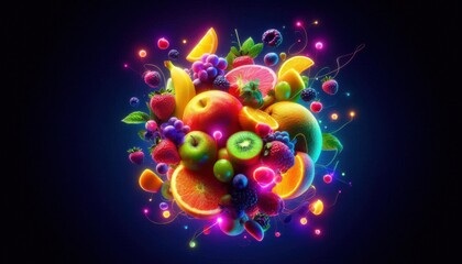 A mixed fruit salad with each fruit emitting a different neon glow, floating in mid-air.