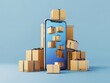 © Vitalii Shkurko - Stacks of packages surrounding a smartphone with floating packages on screen, symbolizing e-commerce and mobile delivery services.