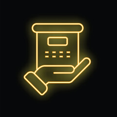 Poster - Neon icon of a hand holding a document, glowing yellow on a black background