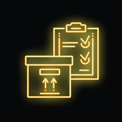 Poster - Glowing neon line cardboard box with packing symbols and checklist icon isolated on black background. Yellow neon style. Vector
