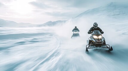 Two Snowmobilers Speeding Through Snowy Mountains