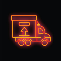 Poster - Red glowing neon icon of a delivery truck shipping cargo moving up