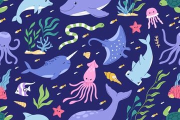 Poster - Cute sea animals, seamless marine pattern. Underwater fishes, undersea water plants, repeating print. Ocean, endless background, texture design. Kids flat vector illustration for textile, fabric