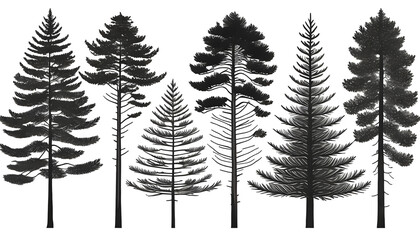 Wall Mural - Pine trees vector illustration set. Black tree outline. Generative AI.