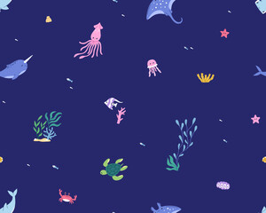 Aufkleber - Seamless sea marine pattern with cute underwater animals and plants. Ocean under water, endless background, repeating print for fabric, textile, wallpaper, wrapping design. Flat vector illustration