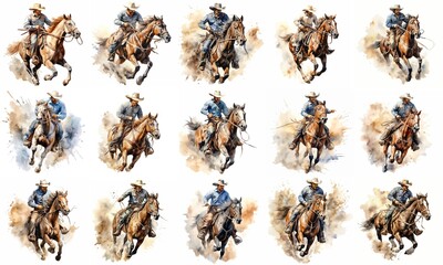 Dynamic Cowboy Horse Riding Illustration Collection - Detailed Western Rodeo Artwork