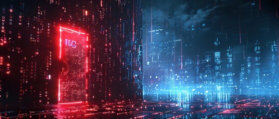 Wall Mural - Futuristic data center corridor glowing with red and blue lights, symbolizing technology and cybersecurity. Free copy space for text.