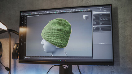 Fototapete - Interface of professional 3D modeling or design software displayed on the computer monitor. Unrecognizable 3D designer creates and draws clothes using PC, works at home on freelance project.