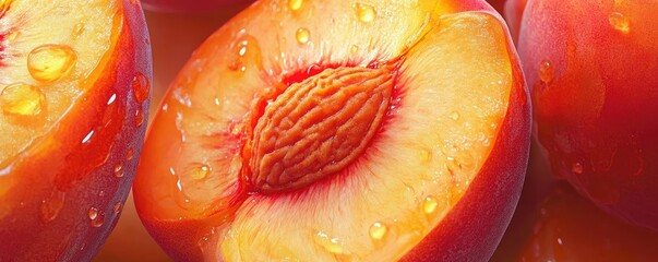 Close-up of juicy, sliced peaches showcasing vibrant color and texture, perfect for culinary and fresh fruit themes.