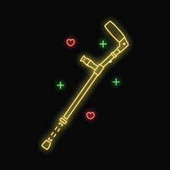 Canvas Print - Glowing neon line crutch or walking stick with hearts and plus signs on black background