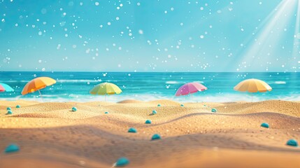 Colorful umbrellas on a sandy beach with deep blue ocean and bright clear sky