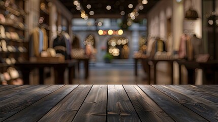 Wall Mural - Wood tabletop with an elegant fashion boutique background soft lighting and chic designs