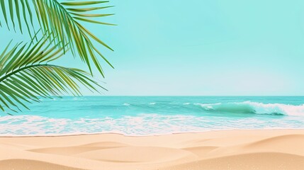 Beach scene with pale yellow sand azure sky gentle waves and a single palm frond
