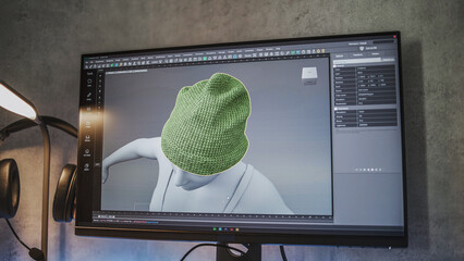 Fototapete - Interface of professional 3D modeling or design software displayed on the computer monitor. Unrecognizable 3D designer creates and draws clothes using PC, works at home on freelance project.