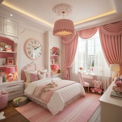 Wide angle view of the bedroom. It is a dream bedroom for girls. The color is soft white. Decorated with cute decorations. Add warmth to the bedroom with warm-toned lamps.