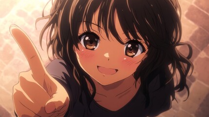 A young anime girl with brown hair smiles brightly and points with her index finger.