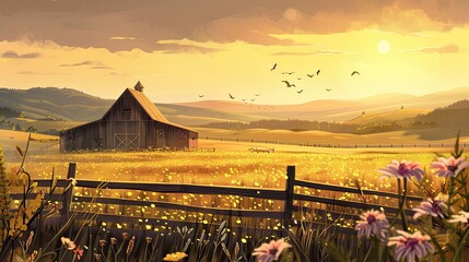 Canvas Print - Rustic summer card with golden wheat fields barn and setting sun framed by fences