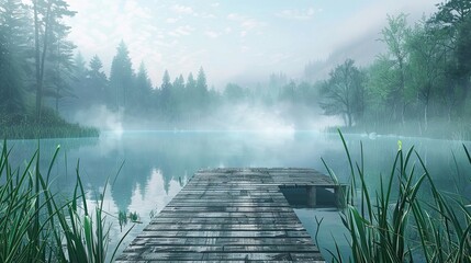 Lakeside scene with wooden pier dense forest morning mist and tall reeds