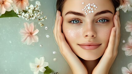 Woman with pearl forehead adornment in a flower bath