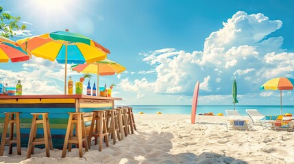 Colorful beach bar scene with tropical drinks stools and blue sky