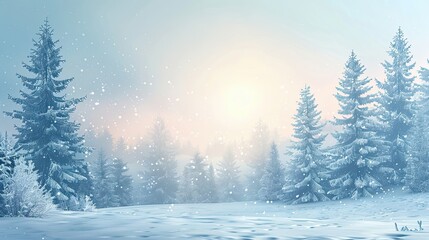 Wall Mural - Winter card mockup with snowy forest tall pines falling snowflakes and twilight sky