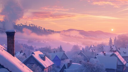 Poster - Frosty rooftops with chimney smoke sunrise casting soft light perfect for text