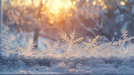 Poster - Close-up of frosted window snow-covered garden and warm glow from setting sun