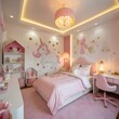 © jindarat - Wide angle view of the bedroom. It is a dream bedroom for girls. The color is soft white. Decorated with cute decorations. Add warmth to the bedroom with warm-toned lamps.