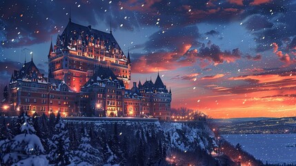 Château Frontenac-inspired scene with glowing castle red sky and white snow