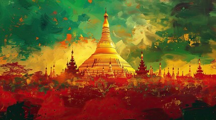 Poster - Non-real Shwedagon Pagoda set against a bright red and green sky with gold