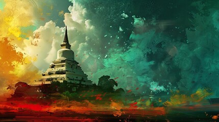 Poster - Fictional Ruwanwelisaya Stupa glowing beneath a green and saffron sky with red hues