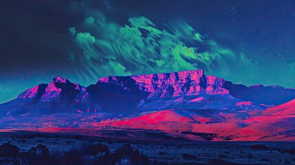 Wall Mural - Fictional Table Mountain glowing under a deep blue sky with green and red tones